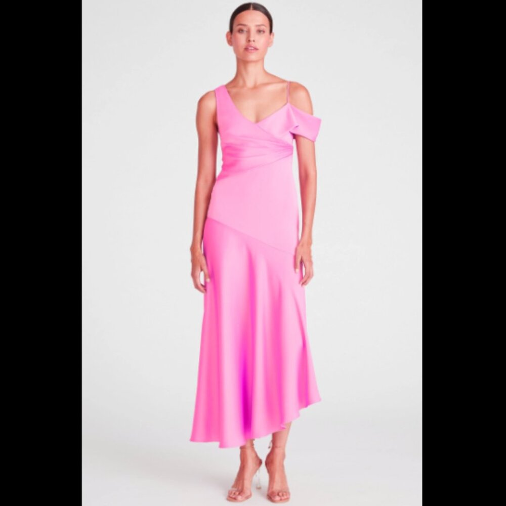 Brand New ML Monique Lhuillier Marin Asymmetrical Satin Midi Dress